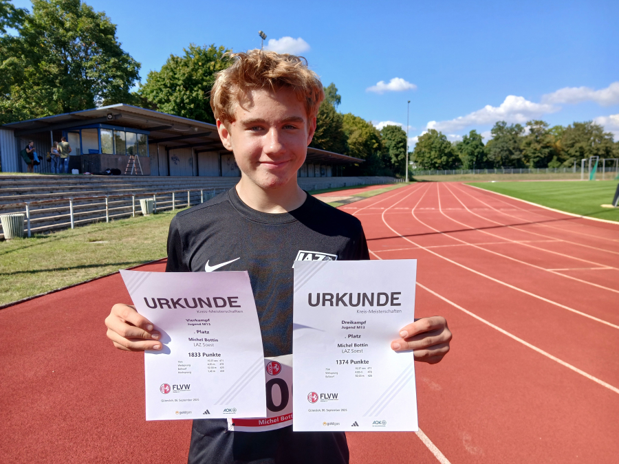 Zwar au&szlig;erhalb der Wertung, aber dennoch zwei Mal der Beste: M13-Sportler Michel Bottin vom LAZ Soest stellte bei den G&uuml;tersloher Kreismehrkampfmeisterschaften neue pers&ouml;nliche Rekorde im Drei- und Vierkampf auf. Foto: Bottin