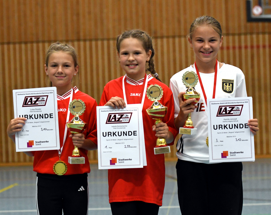 Die drei Erstplatzierten bei den M&auml;dchen des Jahrgangs 2013 (von links): Luisa Draxler (Wiese, 2.), Siegerin Isabella Reichenbecher (Petri) und Kamila Jonczyk (Astrid-Lindgren, 3.). Foto: Bottin